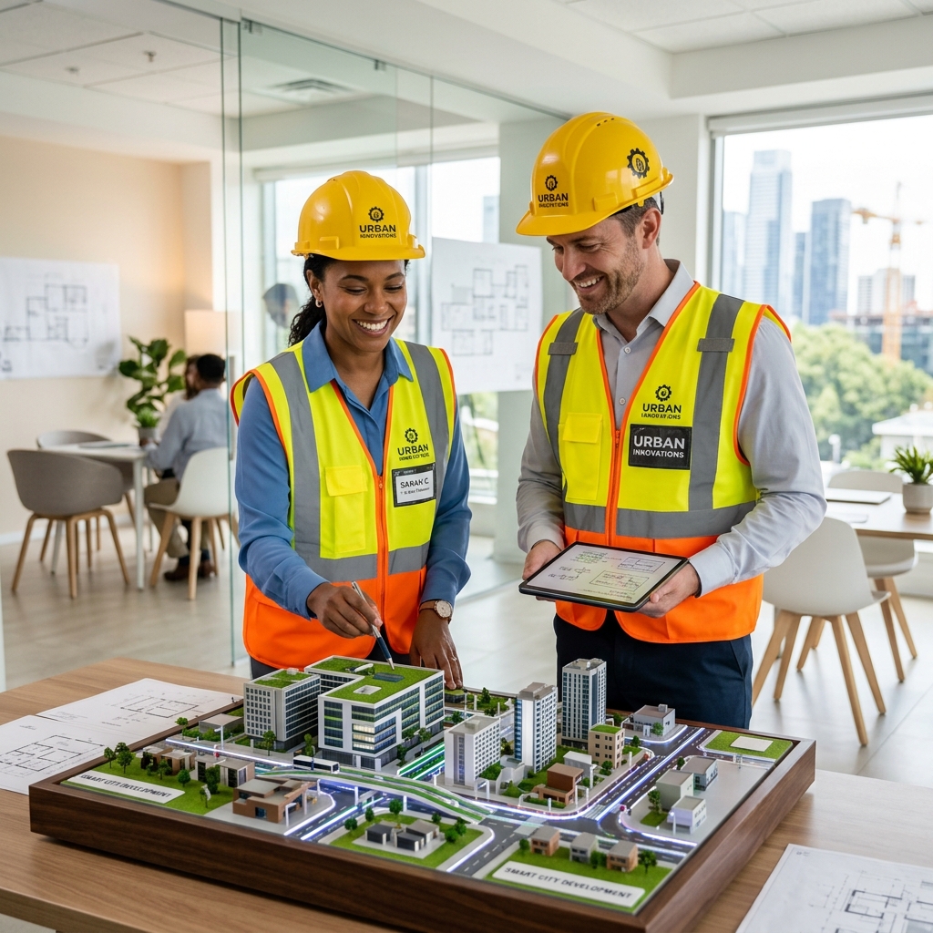 Profissionais de engenharia urbana analisando maquete de cidade